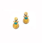 Boucles d'oreille en bois en forme de cercle et triangle jaune et bleu