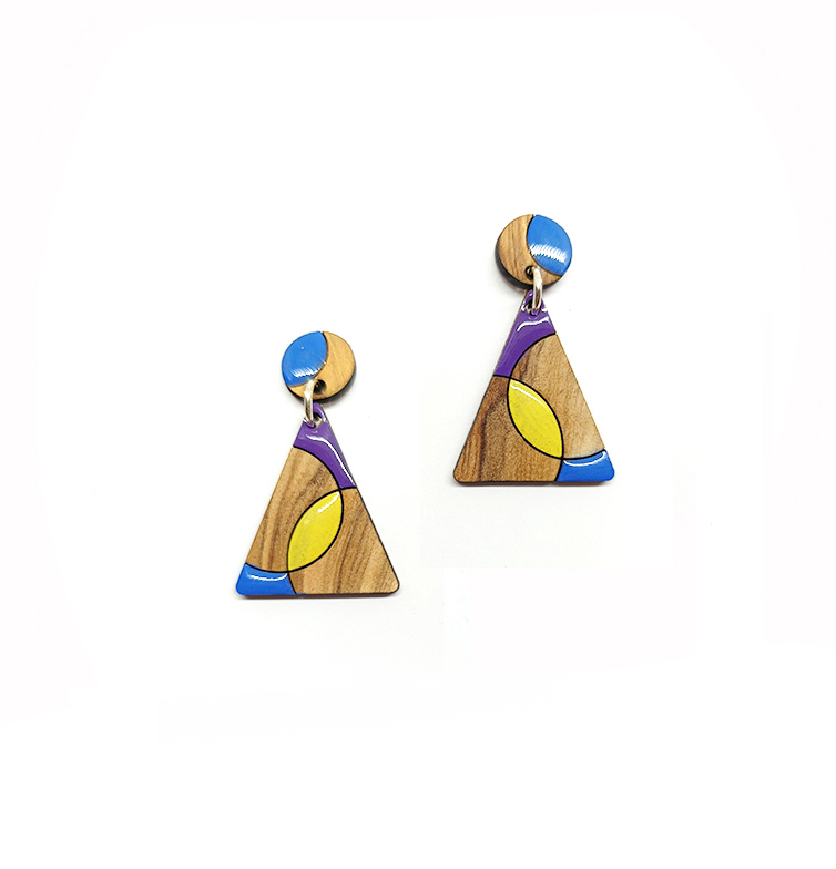 Tafat 1 - Sozo (2) Boucles d'oreilles triangulaires en bleu violet et jaune